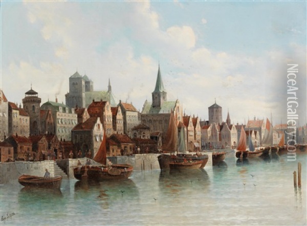 View Of A Dutch Port Oil Painting - August Siegen