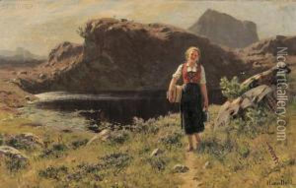 Peasant Girl In A Mountain Landscape Oil Painting - Hans Dahl