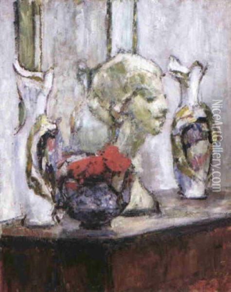 Stilleven Met Bloemen En Bustebeeld Oil Painting - Ferdinand Schirren