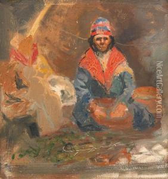 Sittande Samekvinna Oil Painting - John Bauer