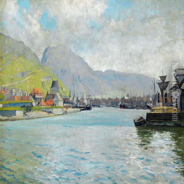 Harbour Scene From Bergen Oil Painting - Sigvard Hansen