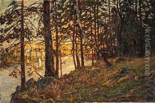 Huse Ved En Russisk Flod, Solnedgang Oil Painting - Appolinari Mikhailovich Vasnetsov