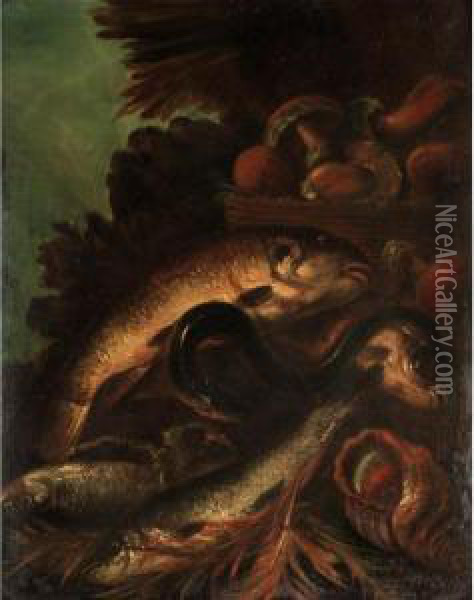 Still Life Of Fish, An Eel, And A
 Sea Shell Together With A Basket Of Mushrooms, In A Landscape Oil Painting - Felice Boselli Piacenza