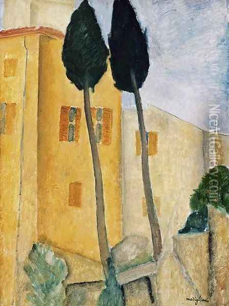Cypress Trees and Houses, Midday Landscape Oil Painting - Amedeo Modigliani