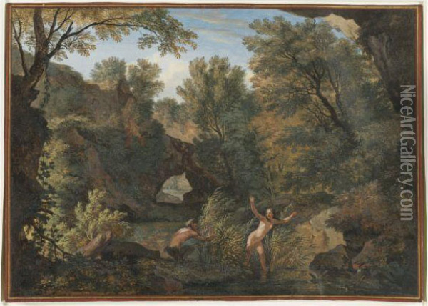 Rugged River Landscape With A Nymph Surprised By A Satyr Oil Painting - Isaac de Moucheron