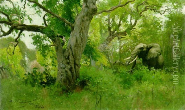 Elephants In A Landscape Oil Painting - Wilhelm Friedrich Kuhnert