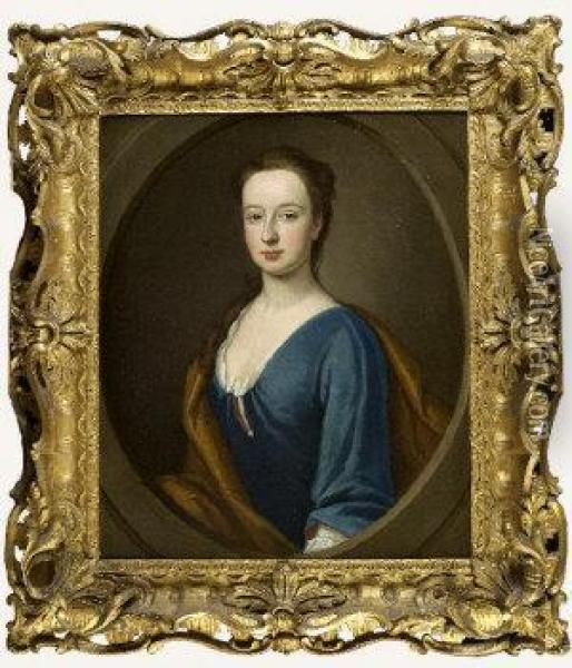 Half Length Portrait Of A Young Lady In A Blue Dress Oil Painting - Thomas Gibson