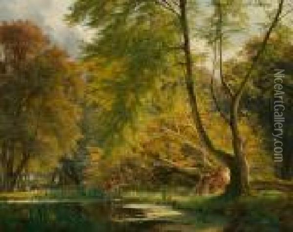 C. F. Aagaard: A Forest Scenery With Deer Oil Painting - Carl Frederick Aagaard