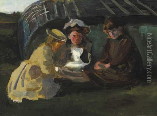 Sketch Of Three Girls Winding Wool Oil Painting - Walter Frederick Osborne