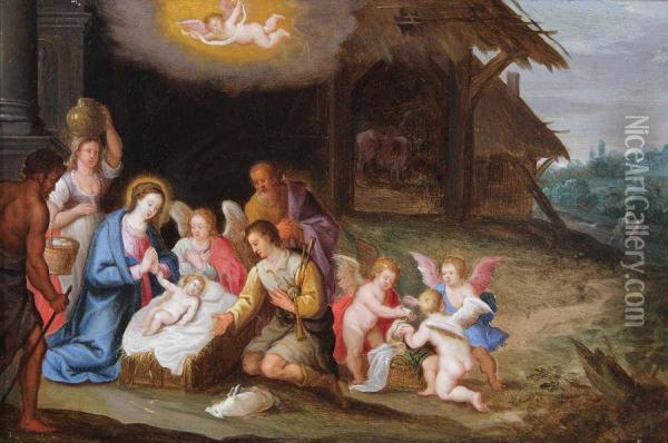De Aanbidding Der Herders Met Engeltjes En Stalmeid Oil Painting - Balthasar Beschey