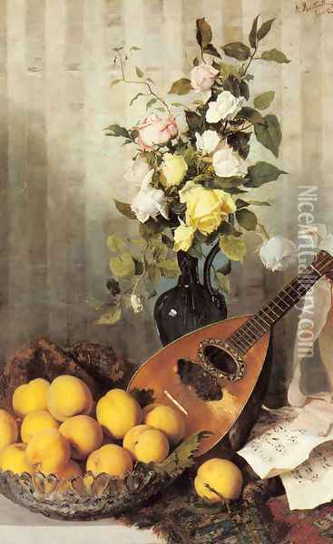 A Still Life with a Vase of Roses, a Bowl of Peaches and a Mandolin Oil Painting - Angelo Martinetti