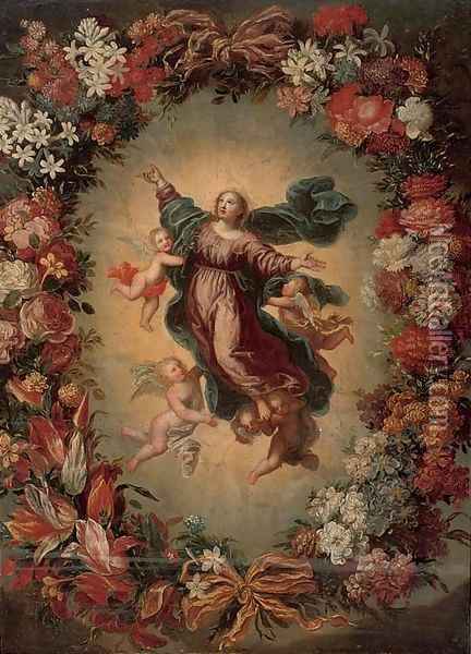 The Assumption of the Virgin, in a floral cartouche Oil Painting - North-Italian School
