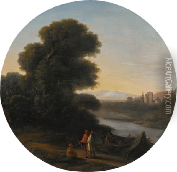Italianate Landscape With Travellers And A Boat Being Loaded With Logs Oil Painting - Claude Lorrain