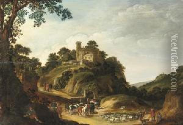 A Rocky Wooded Landscape With Christ On The Road To Emmaus Oil Painting - Esaias Van De Velde