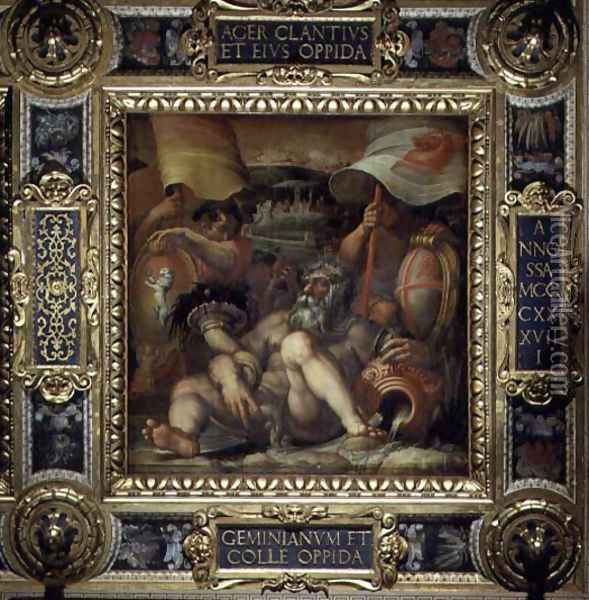 Allegory of the towns of San Gimignano and Colle Val d'Elsa from the ceiling of the Salone dei Cinquecento, 1565 Oil Painting - Giorgio Vasari