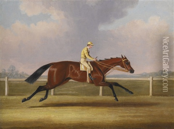 Coronation, A Bay Racehorse With Jockey Up In Yellow Silks On A Racecourse Oil Painting - James Pollard