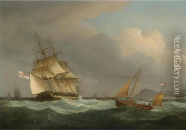 A Frigate Off The Devon Coast Oil Painting - Thomas Whitcombe