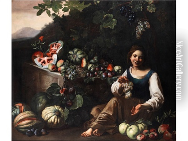 Grosses Fruchtestilleben In Landschaft Mit Einem Am Boden Sitzenden, Jungen Madchen Oil Painting - Michelangelo Cerquozzi