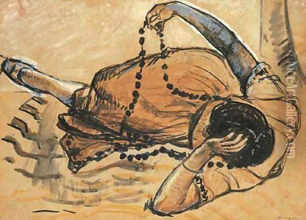 Femme allongee jouant avec son collier Oil Painting - Henri Lebasque