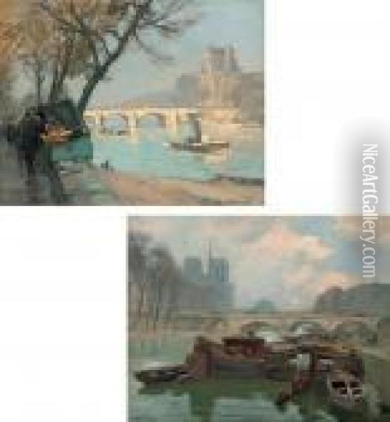 Pont Royal A Paris; And Pont St Michel Oil Painting - Henri Alphonse Barnoin