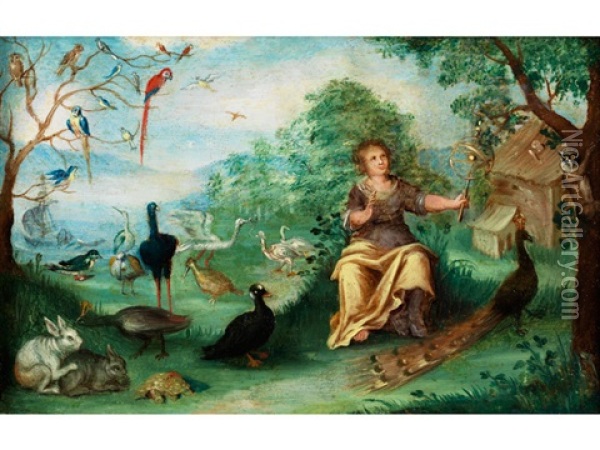 Landschaft Mit Paradiesvogeln, Tieren Und Allegorie Oil Painting - Jan van Kessel the Elder