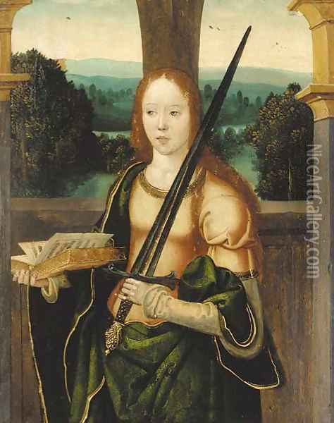 A female martyr saint a compartment from an altarpiece Oil Painting - Hispano-Flemish School
