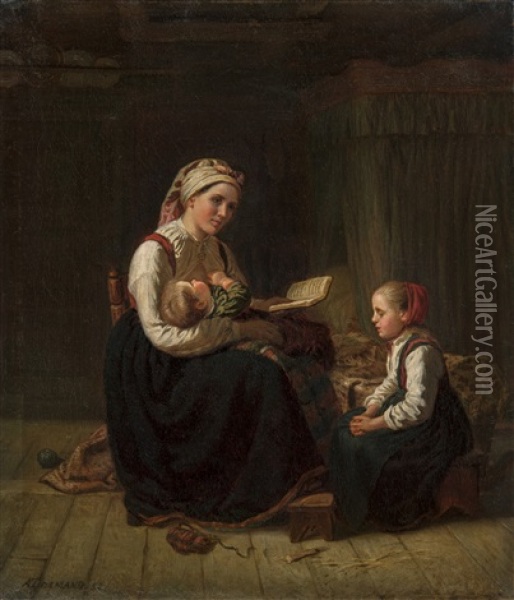 Morens Undervisning Oil Painting - Adolph Tidemand