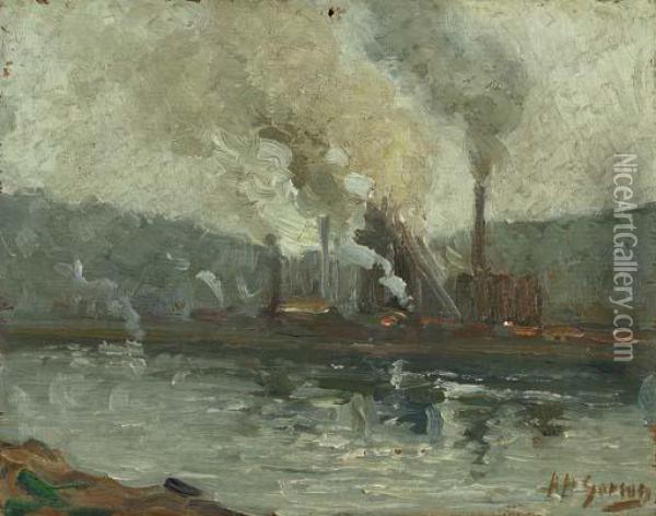 Factories Along The River: Two Works Oil Painting - Aaron Harry Gorson