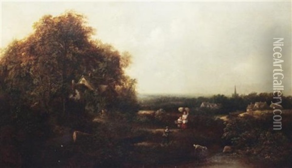 Extensive Landscape With Children Beside A Brook Oil Painting - James E. Meadows