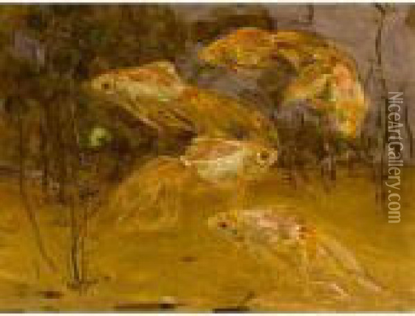 Goldfish In An Aquarium; Together With A Work By Lizzy Ansingh Oil Painting - Gerrit Willem Dijsselhof