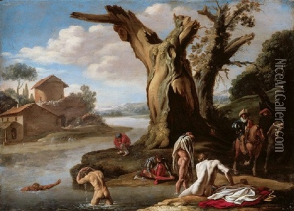 A River Landscape With Horsemen And Figures Bathing In The Foreground Oil Painting - Filippo Napoletano