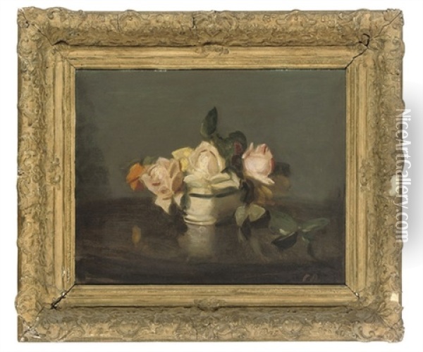 Roses In A Blue And White Bowl Oil Painting - Stuart James Park