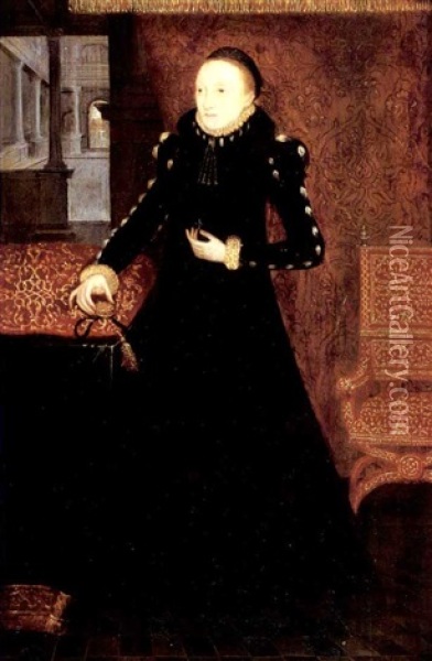 Portrait Of A Lady (katherine, Duchess Of Suffolk?) Holding A Locket In Her Right Hand, A Cloth Of Honour Behind Oil Painting - Hans Eworth