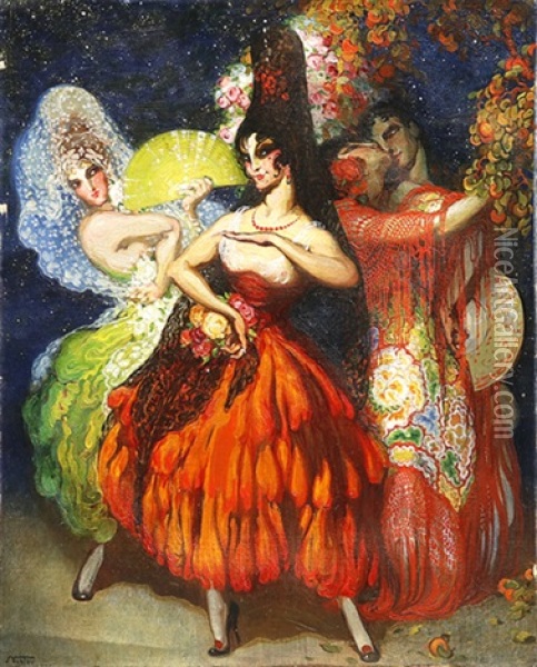 Spanische Tanzerinnen Majas Und Tanzer Bei Nacht Mit Sternen Im Hintergrund Oil Painting -  Nestor (Nestor Martin de La Torre)