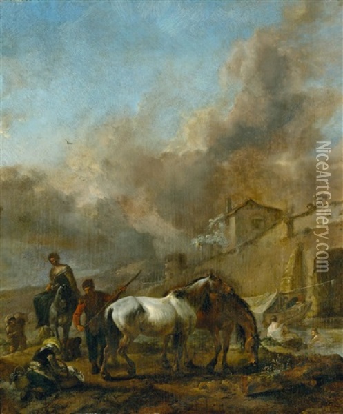 People And Horses By A River With A Village In The Background Oil Painting - Philips Wouwerman