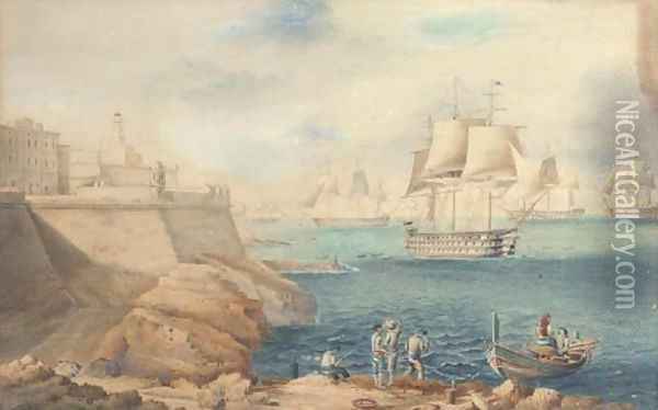 A squadron of warships off the entrance to Grand Harbour, Valetta Oil Painting - Joseph Schranz