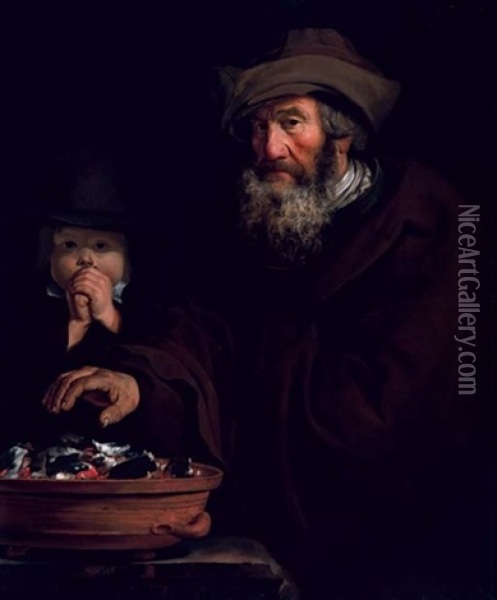 An Allegory Of Winter - An Old Man Warming His Hands Over Coals With A Youth Blowing On His Hands Beside Him Oil Painting - Jacob Oost the Elder