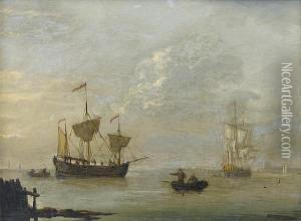 A Coastal Trader Anchored Offshore In A Calm,with An English Frigate Beyond Oil Painting - Francis Swaine