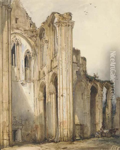 Labourers Loading A Cart In The Ruins Of The Benedictine Abbey Ofst. Vandrille Oil Painting - William Callow