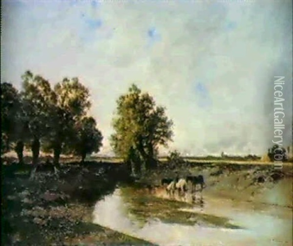 Chevaux Au Bord De La Riviere Oil Painting - Ernest Ciceri
