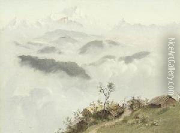 Himalayan Range With Village Of Tongloo Oil Painting - Alexander Scott