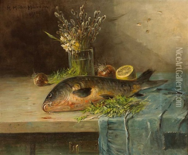 Stilleben Mit Fisch, Zitrone, Zwiebeln Und Weidenkatzchen In Vase Oil Painting - Moritz Mueller the Younger