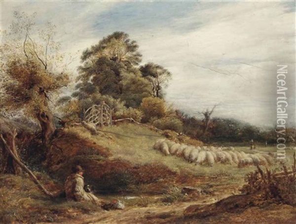 Shepherd And His Collie Guarding The Flock Oil Painting - John Linnell