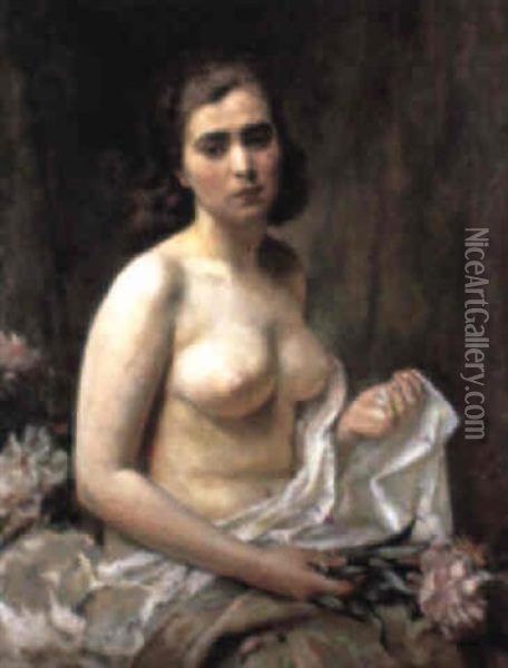 Portrait Of A Female Nude Holding Flowers Oil Painting - Rudolph Jelinek