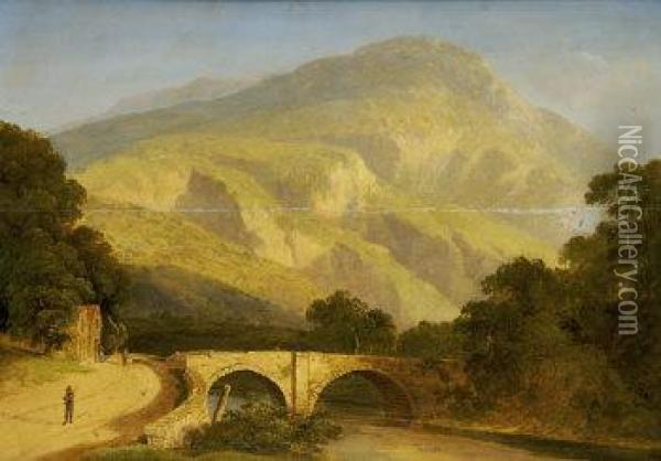 Mountainous Landscape With Bridge Over A River And Figures Oil Painting - James Arthur O'Connor