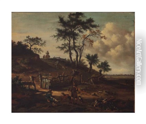 An Extensive Landscape With Falconers And Dogs On A Path Oil Painting - Jan Wijnants