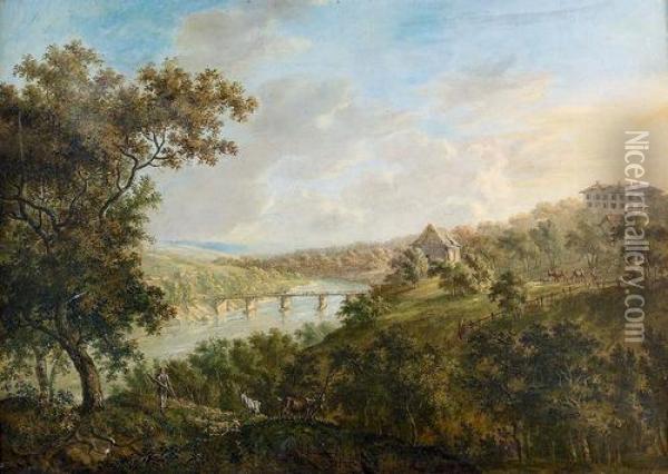 Pastorale Szene Vor Hugeliger Flusslandschaft. Oil Painting - Wilhelm Huber