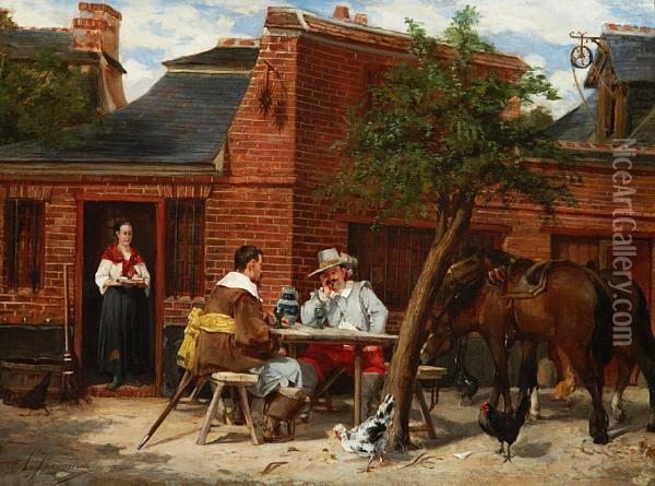 Cavaliers Seated Outside A Tavern Oil Painting - Sir Alfred East
