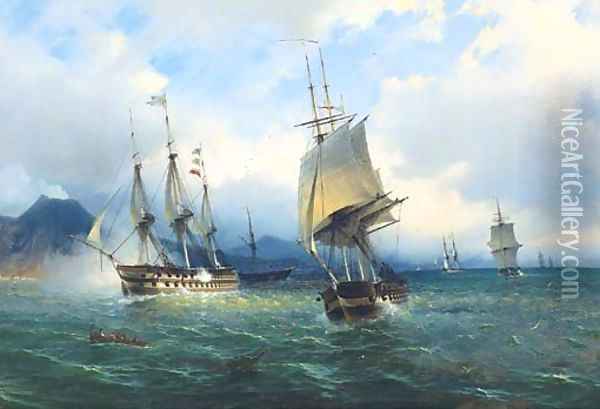 Warships in the Mediterranean signalling their arrival off Naples Oil Painting - de Simone Tommaso