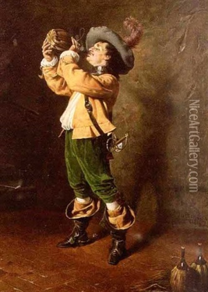 Musketeer Drinking Wine Oil Painting - Tito Conti